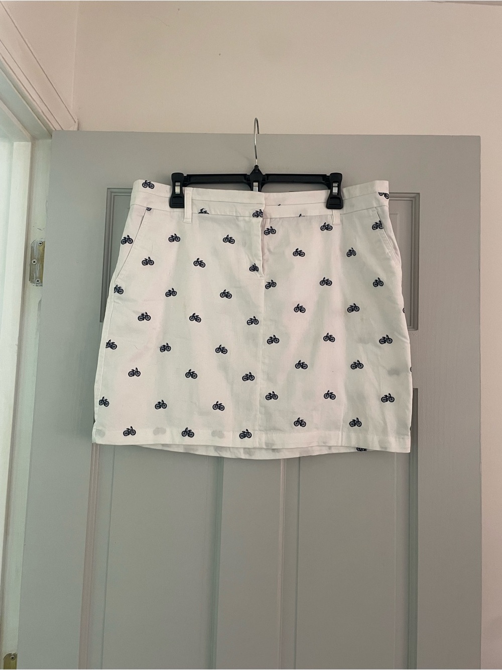 British Khaki White Mini Skirt with Navy Bicycle Motif
